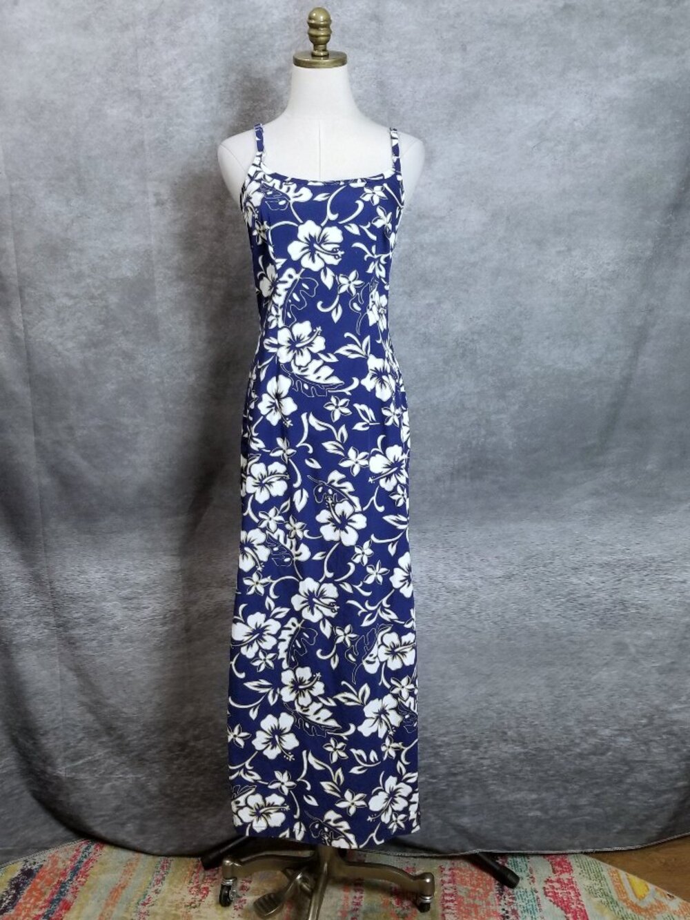 Hilo Hattie The Hawaiian Original Maxi Dress Navy Blue Hibiscus Floral Size 4